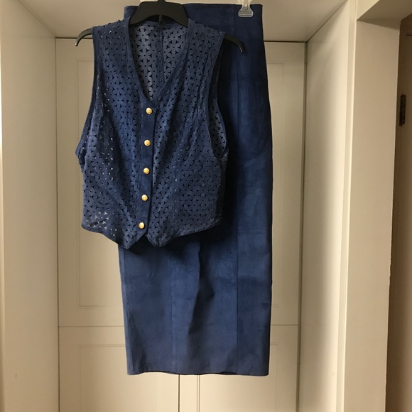 Vintage Danier Leather Suede Long High Waisted Pencil Skirt & Vest Blue M /10 - Picture 1 of 16